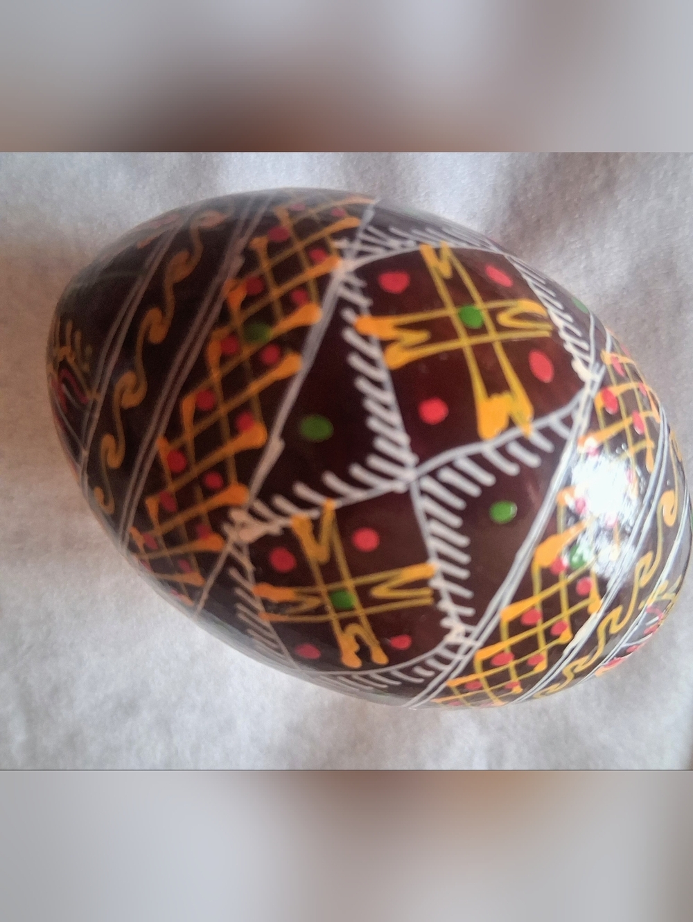 Painted EGG In Browns, Yellows, White Egg. Geometric Design, Beautiful